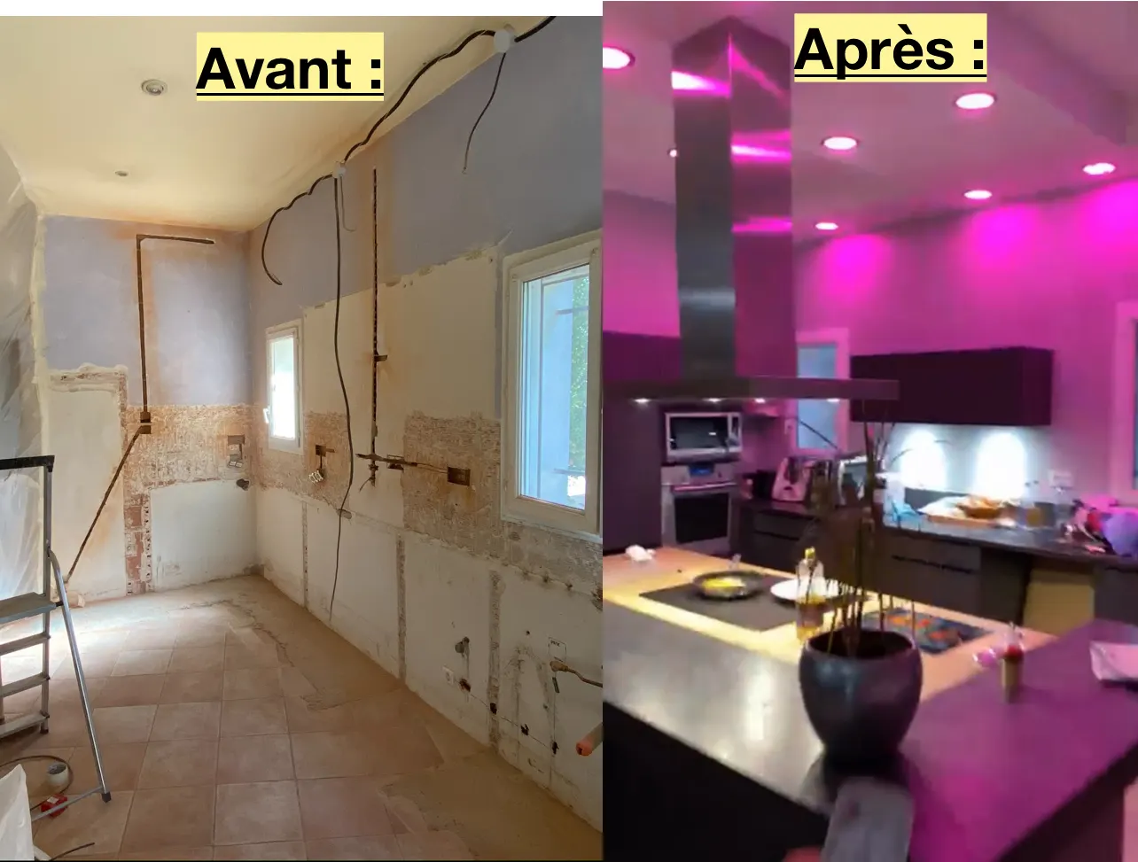 Rénovation électrique et éclairage d'une cuisine, avant et après, à Avignon